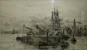 Shipping By A Pier. by William Lionel Wyllie