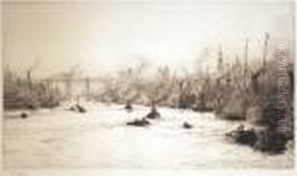 View Of A Busy Industrial River With A Tall Bridge In The Distance - view 1