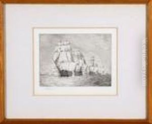"hms Victory At The Battle Of Trafalgar" - Drypoint Etching by William Lionel Wyllie