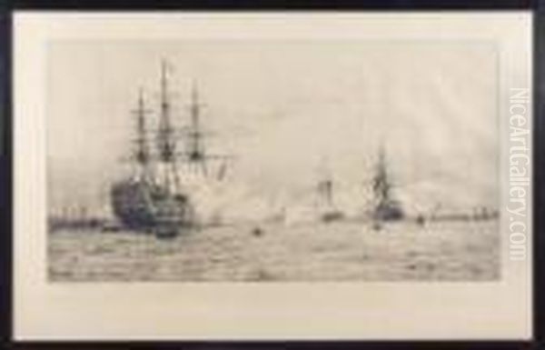 "hms Victory And A Squadron Of 
Ironclads Firing A Salute In Portsmouth Harbour" - Drypoint Etching, 
Signed In Pencil. - view 1