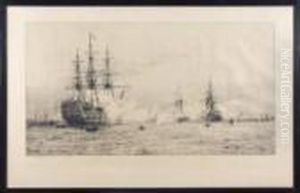"hms Victory And A Squadron Of 
Ironclads Firing A Salute In Portsmouth Harbour" - Drypoint Etching, 
Signed In Pencil.