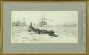 A Tug And Fishing Boats At The Mouth Of The Tyne by William Lionel Wyllie