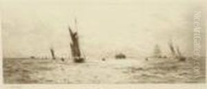 Yachts And Other Shipping Passing Portsmouth - Drypoint by William Lionel Wyllie