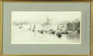 Fishing Boats At North Shields Harbour - Drypoint, Signed By The Artist In Pencil. by William Lionel Wyllie