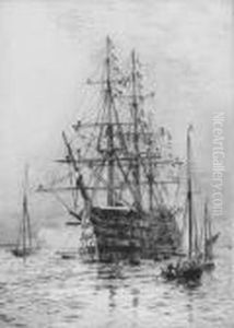 H.m.s. Victory Firing A Salute (illustrated); And A Dreadnought by William Lionel Wyllie