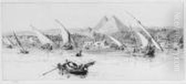 Feluccas On The Nile, The Pyramids Beyond - view 1