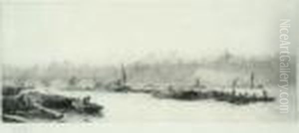 Barges On The Thames Signed In Pencil 5 X 11.75in - view 1