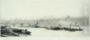 Barges On The Thames Signed In Pencil 5 X 11.75in by William Lionel Wyllie