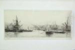 R.a., R.b.a., R.i., R.e., 
N.e.a.c. "shipping In The Royal Albert Docks" Signed Artist's Proof, 
Also Numbered "liii", And Inscribed On An Old Label Verso With The 
Title, Black And White Drypoint Etching, 15cm By 35cm