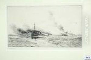 R.a., R.b.a., R.i., R.e., 
N.e.a.c. First World War Destroyers In An Open Sea Signed Artist's 
Proof, Black And White Drypoint Etching, 17.5cm By 30.5cm by William Lionel Wyllie
