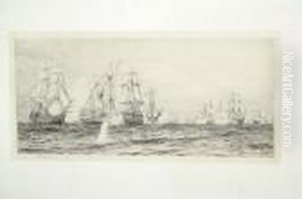 R.a., R.b.a., R.i., R.e.,
N.e.a.c. "battle Of Trafalgar", English And French Men-o-war In A Naval
Engagement Signed Artist's Proof, Black And White Drypoint Etching,
20cm By 39.5cm by William Lionel Wyllie