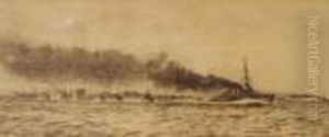 Etching, Naval Fleet In Convoy,signed In Pencil, 6.75" X 16.75"