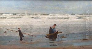 On The Beach, Mother And Child Collecting Driftwood by William Lionel Wyllie