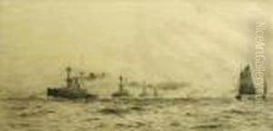 Dreadnaughtsin Line Ahead Formation With Bi-plane Overhead by William Lionel Wyllie