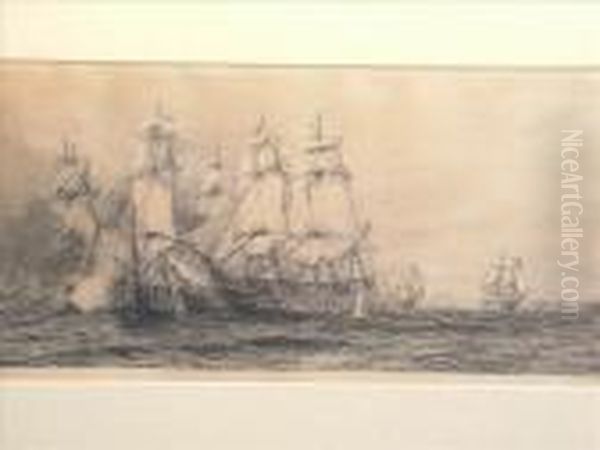 Victory,redoubtable, Temeraire
And Fougeux Locked Together During Thebattle Of Trafalgar: Panorma At
Portsmouth - view 1