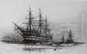 A Warship, Thought To Be H.m.s. Victory, Lying At Anchor by William Lionel Wyllie
