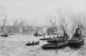 Barges And Other Shipping In The Pool Of London Before Thetower by William Lionel Wyllie