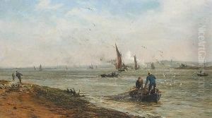 A View Of The Thames Estuary With Fishermen And Their Nets In A Dinghy In The Foreground