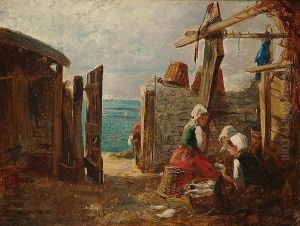 Fishergirls Sorting The Day````s
 Catch, The Coast Beyond, Thought To Be A View In Guernsey