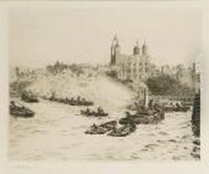 Boats On The River Thames Below The Tower Oflondon by William Lionel Wyllie