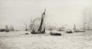 Busy Thames Scene With Steamers, Barges Andlighters by William Lionel Wyllie