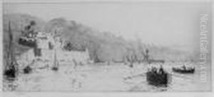 A North African Fortified Town, Withbattlecruisers In The Distance by William Lionel Wyllie