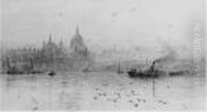 Barges On The Thames Before St. Paul's Cathedral by William Lionel Wyllie