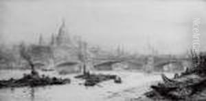 Barges On The Thames Before St. Paul's Cathedral by William Lionel Wyllie