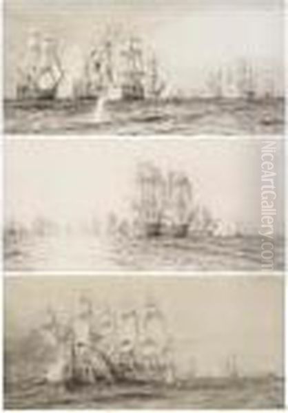 Three Studies For The Panorama
Of The Battle Of Trafalgar: Victory, Redoutable, Temeraire And Fougueux
Locked Together; Royal Sovereign Engaging Santa Ana; Santissima
Trinidad, Largest Ship Afloat, Leviathan About To Rare Stern, Neptune
And Africa - view 1
