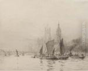 Barges On The Thames Before The Houses Of Parliament by William Lionel Wyllie