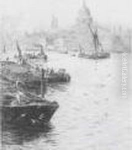 Barges On The Thames Before St. Paul's Cathedral by William Lionel Wyllie