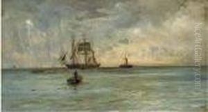 Lightening Splitting The Sky Over A Barque And Her Attendant Tug