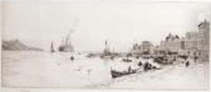 Fishing Boats In Harbour, Steam Ship On The Horizon by William Lionel Wyllie