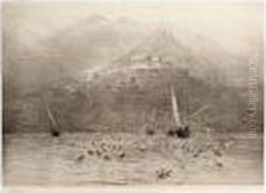 Seagulls Over A Bay With A Temple On The Headland