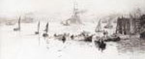 Boats In A Harbour, Steamship Being Tugged In by William Lionel Wyllie