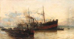 A Steamship In A Harbor With A Tugboat And Barges
Oil On Canvas