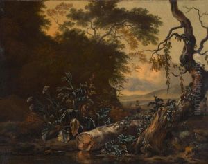 A Landscape With Trees And Foliage Beside The Edge Of A Pond
