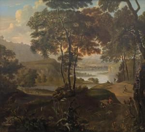 Travellers On A Path In A Wide River Landscape