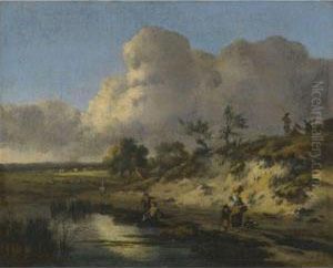 A Dune Landscape With Young Men Fishing, A Homestead And Travellersbeyond