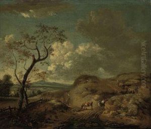 An Extensive Landscape With 
Cattle And Drovers On A Sandy Track, Atower And A Mountain Range Beyond