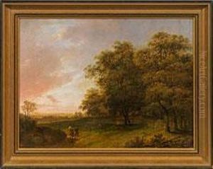 Abendlich Gestimmtelandschaft Mit Reisenden Am Waldrand