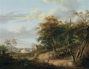 Bewaldete Landschaft Mit Einem Gehoft Und Reisenden