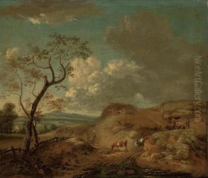 An Extensive Landscape With 
Cattle And Drovers On A Sandy Track, A Tower And A Mountain Range Beyond