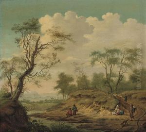 A Wooded River Landscape With Fishermen On A Bank And Figures On Atrack thumbnail