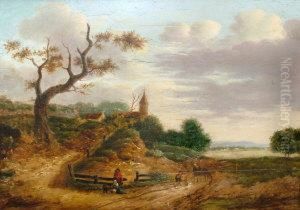 Travellers And Figures In A Rural Landscape, Withdistant Church by Jan Wijnants