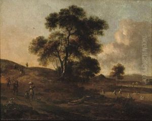 A Dune Landscape With Travellers On A Track, Peasants Harvesting Hay Nearby by Jan Wijnants