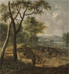 A Dune River Landscape With Huntsmen And A Shepherd On A Track by Jan Wijnants