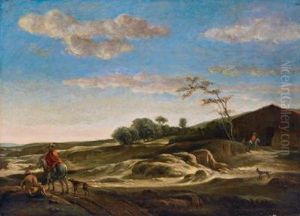 Seguace Paesaggio Di Dune Alberate Con Un Cavaliere E Cani by Jan Wijnants