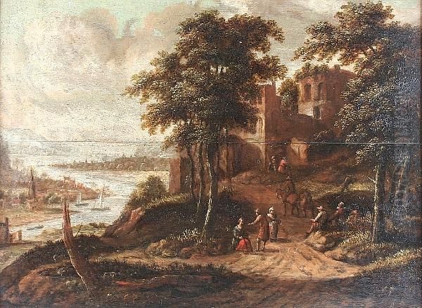 Travellers In A River Landscape Before A Ruined Castle - view 1