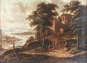 Travellers In A River Landscape Before A Ruined Castle